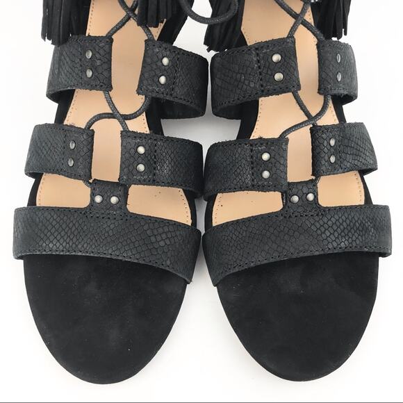 UGG Womens Yasmin Snake Embossed Leather Wedge Sandals Strappy Black Tassels 7.5 - Picture 7 of 10